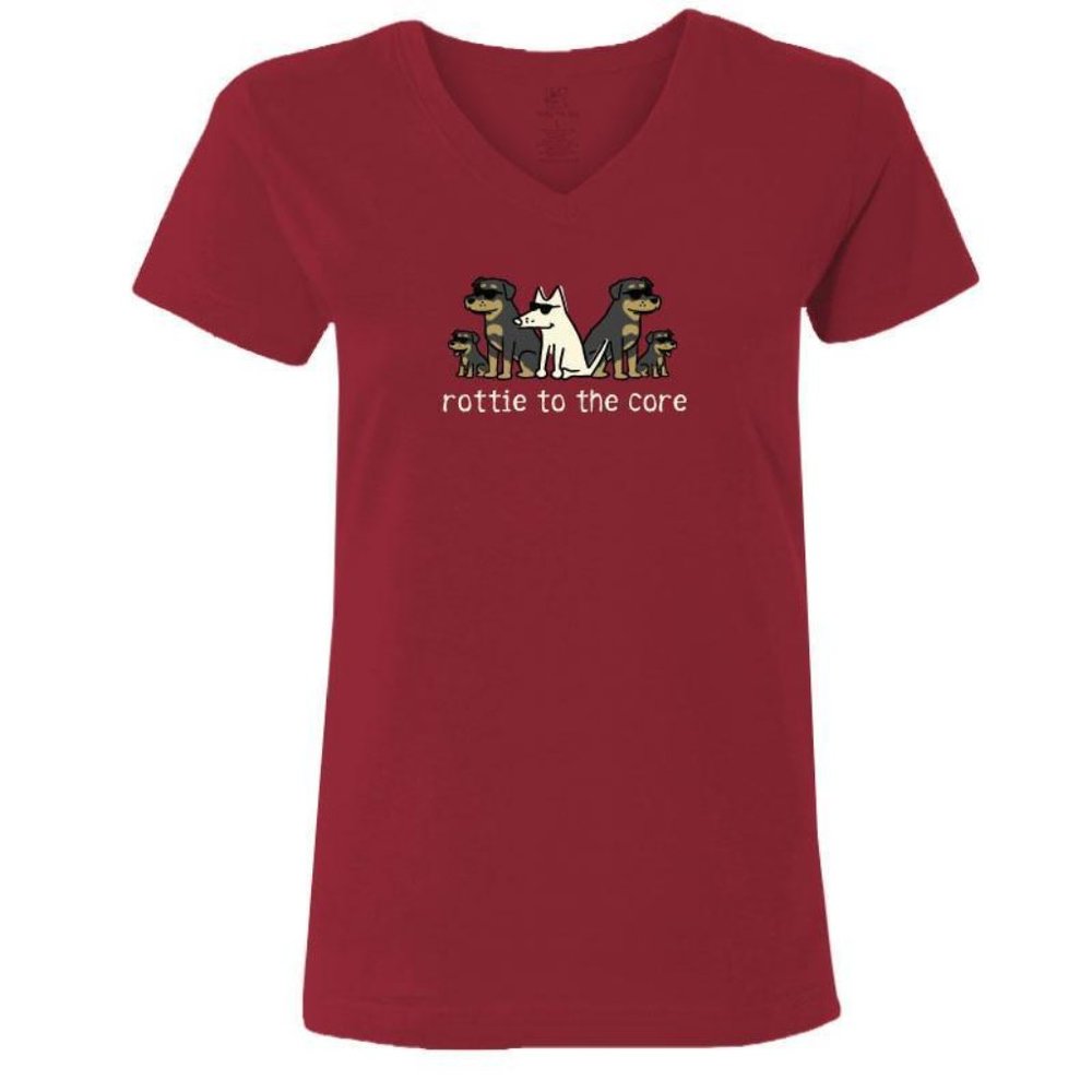 Rottie to the Core Ladies MED or LARGE V-neck Short Sleeve T-shirt Dark Red NWT